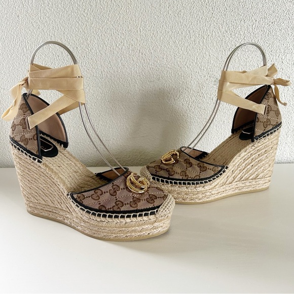 Gucci Marmont GG Matelasse Beige Platform Espadrille Wedges Sandals Size EU 39.5 - Picture 1 of 13